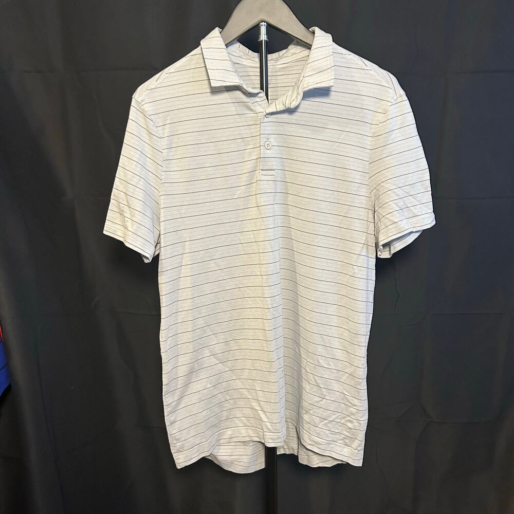 Athleisure Striped Short Sleeve Polo Shirt Grey White Size Small 19x29